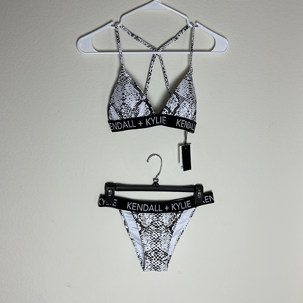 Kendall + Kylie swim black and white snake print bikini : logo band